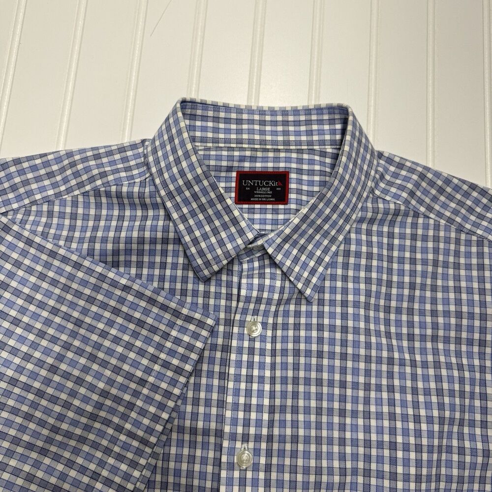 UNTUCKit Wrinkle Free Mens Button Down Shirt L Blue Gingham Long Sleeve